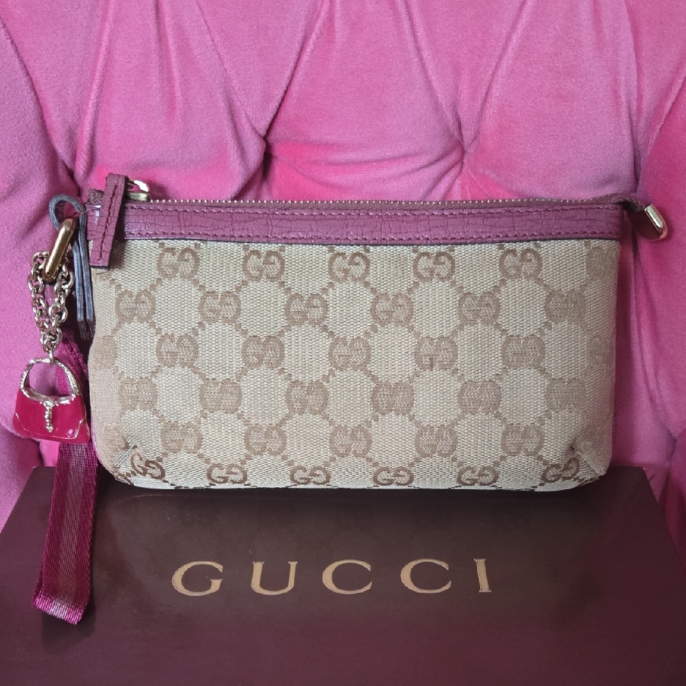 Gucci Beige GG Canvas Wristlet with Pink Trim